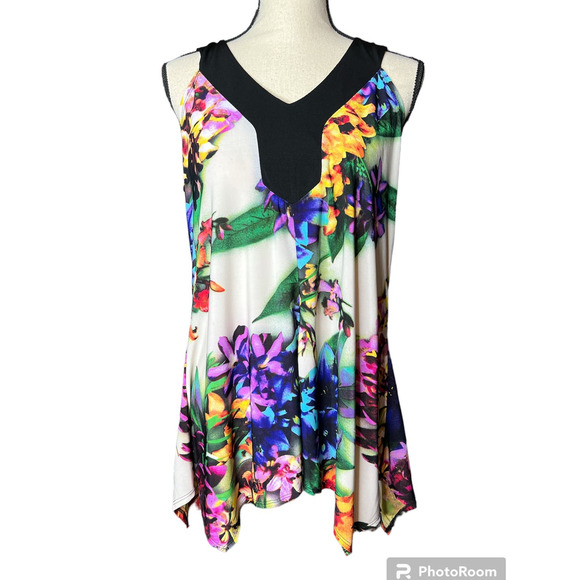 Susan Lawrence Blouse Size L in Multicolored Floral Print Asymmetrical Hemline - Picture 1 of 5